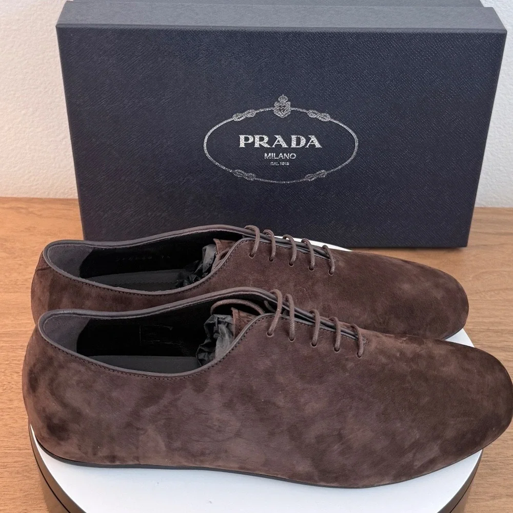 Prada Mens Vit.Scamosciato Suede Oxford Shoes Moro Brown 2EG448 Size 8